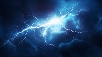 Lightning strikes against a dark background, blue background with a lot of lightning, Generative AI