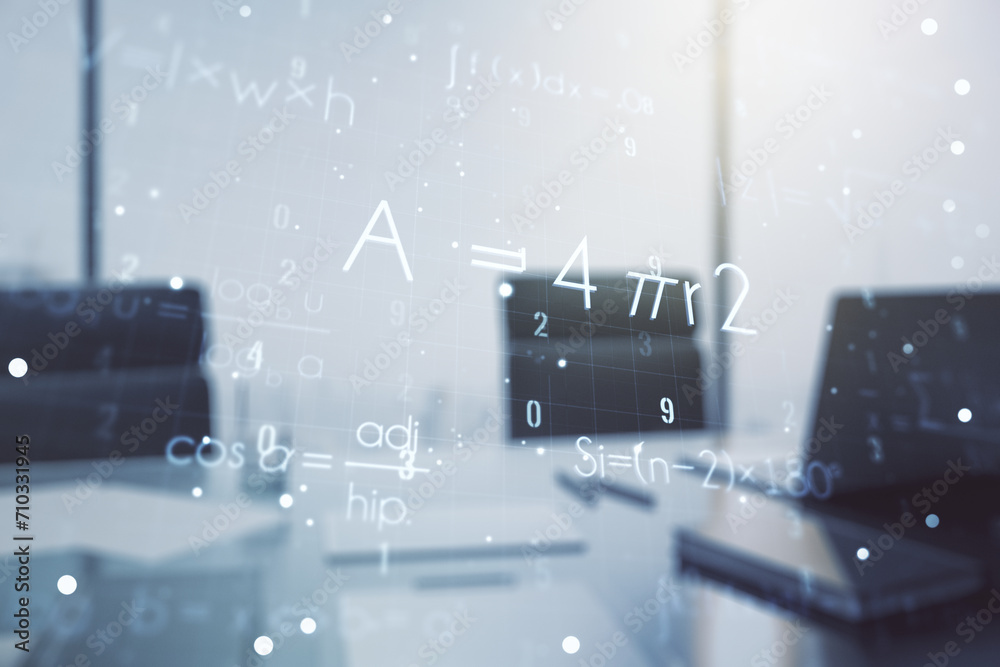 Poster creative scientific formula concept and modern desktop with computer on background. multiexposure