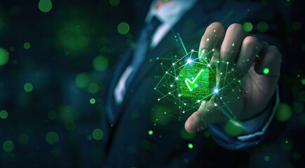 Secure Digital Verification Concept, Businessman with a Glowing Check Mark in a Network