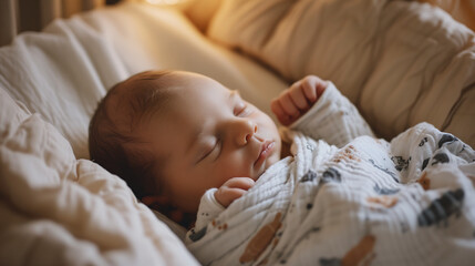 Newborn baby peacefully sleeping in a crib, wrap on white blanket.