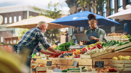 Multiracial Adult Partners Working at a Farmers Market. Diverse Couple Selling Ecological Fruits and Vegetables From an Outdoors Food Stand. African Vendor Using Laptop to Communicate with Suppliers