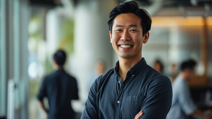 Fototapeta premium Portrait of a handsome smiling asian businessman boss standing in his modern business company office.