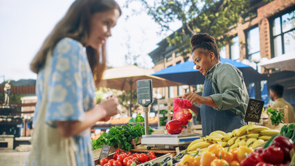Middle Aged Black Female Running a Small Business on a Farmers Market, Selling Organic Fruits and Vegetables. Young Female Shopping For Food, Choosing a Fresh Courgette or Zucchini