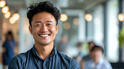 Obraz premium Portrait of a handsome smiling asian businessman boss standing in his modern business company office.