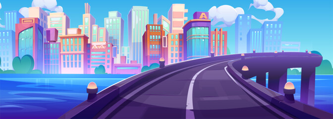Viaduct bridge with road over river leading to modern city with multistorey buildings. Cartoon vector illustration of urban metropolis landscape with highway infrastructure and downtown skyscrapers. - obrazy, fototapety, plakaty