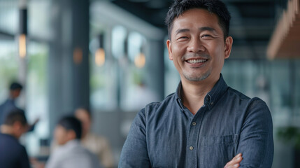 Fototapeta premium Portrait of a handsome smiling asian businessman boss standing in his modern business company office.