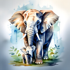 Watercolor elephant with elephant baby, watercolor ai generative illustration