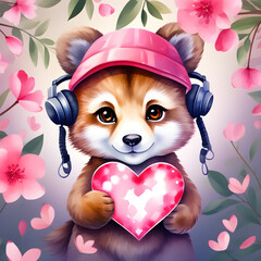 Cute Valentine's Day raccoon with heart. AI generative