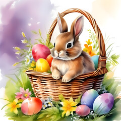 Cute watercolor Easter rabbit with flowers. AI generative