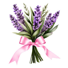 Bouquet of lavender with pink ribbon. PNG transparent ai generative illustration
