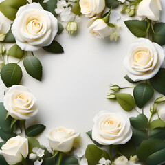 Elegant floral background with space for text.  Frame with white roses. AI generative