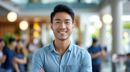 Fototapeta premium Portrait of a handsome smiling asian businessman boss standing in his modern business company office.
