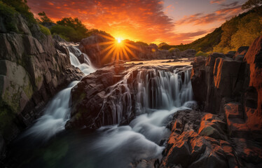 Beautiful Waterfall landscape with stunning vivid colors and colorful clouds Image,  AI Generative Photo,