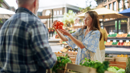 Portrait of a Young Beautiful Customer Shopping for Organic Seasonal Fruits and Vegetables for a Healthy Breakfast. Female in a Vintage Dress Buying Sustainable Bio Tomatoes From a Local Street Vendor