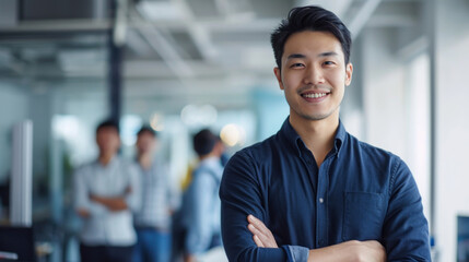 Portrait of a handsome smiling asian businessman boss standing in his modern business company office.