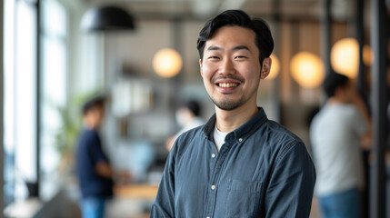 Portrait of a handsome smiling asian businessman boss standing in his modern business company office.