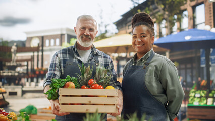 Portrait of a Happy Middle Aged Multiracial Street Vendors Couple Posing for Camera and Smiling....