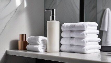 Fototapeta na wymiar Hotel service for tourists. White terry towels and cosmetics in the bathroom. Hygiene, spa and body care concept. Welcom zone
