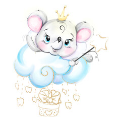 Watercolor tooth fairy with a magic wand and greeting. Cartoon dental princess mouse. Medical kids illustration for print, textile, design and decoration