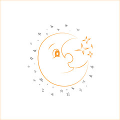 Hand drawn doodle moon,stars. Half moon.