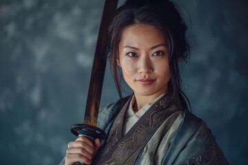 Studio portrait of a female samurai with a serene smile, holding a peace offering, blend of warrior and diplomat, harmonious background