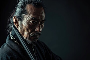 Studio shot of a samurai in a pensive pose, gazing into the distance, thoughtful and serene, soft-lit background