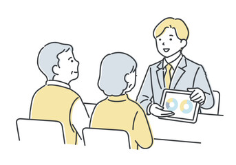 シニア夫婦に案内をする営業担当者