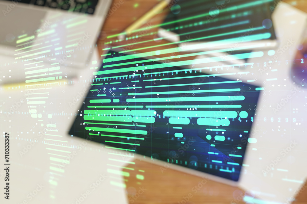 Poster multi exposure of abstract creative digital world map and modern digital tablet on background, top v
