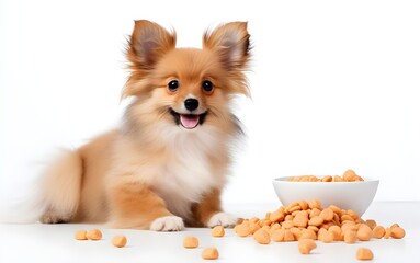 Cute dog and pellet food in bowl isolated on white background