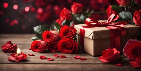 red roses and gift box - obrazy, fototapety, plakaty