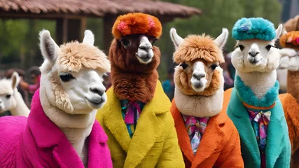 Foto auf Alu-Dibond Funny alpaca team group dressed in colorful suits © Xabi