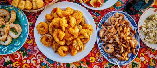 Sicilian street food showcased at Palermo market, featuring calamari, octopus, and fried fish on a vibrant tablecloth. - obrazy, fototapety, plakaty