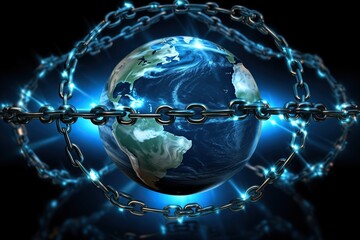 Planet Earth covered by chains on a black background. Globe. World. Safety. Censorship. Restrictions. Earth is enclosed in chains and bound by chains. Political context. Summit. Censor. Threat. Menace