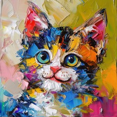 A colorful and textured abstract hand-drawn painting of a cute cat, perfect for wall decor with a contemporary flair