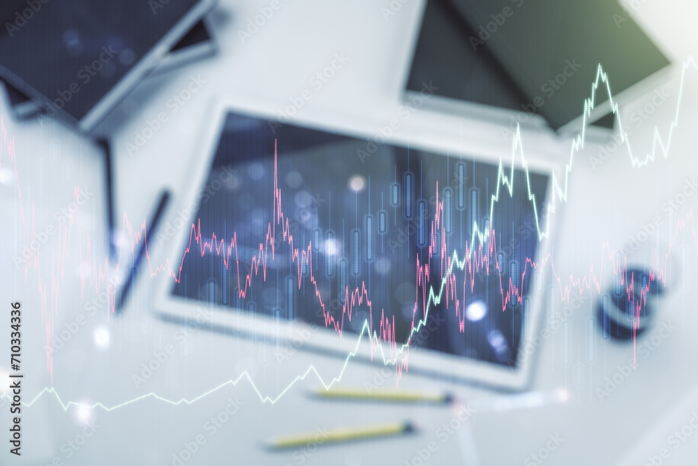 Poster multi exposure of abstract financial diagram and modern digital tablet on background, banking and ac