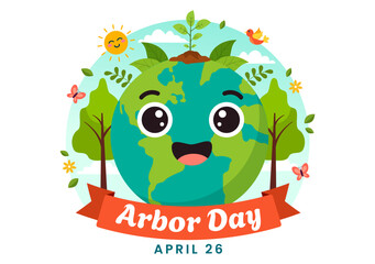 Happy Arbor Day Vector Illustration with Planting a Tree, Plant, Garden Tools and Nature Environment in Flat Kids Cartoon Background