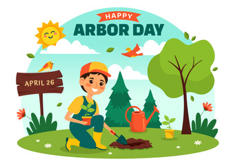 Happy Arbor Day Vector Illustration with Planting a Tree, Plant, Garden Tools and Nature Environment in Flat Kids Cartoon Background