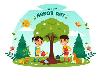 Happy Arbor Day Vector Illustration with Planting a Tree, Plant, Garden Tools and Nature Environment in Flat Kids Cartoon Background