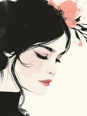 Black and white Oriental painting featuring a beautiful woman, characterized by minimalist beauty, delicate ink lines, and a nostalgic illustration. Ideal for wall art and printing