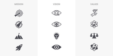 Mission vision values infographic banner icon set company goal infographic design vector. Infographic icon design banner