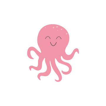 Cute smiling octopus isolated on white background. Funny underwater pink animal with tentacles. Children's kawaii character. Colored flat vector illustration. Cute cartoon underwater world.
