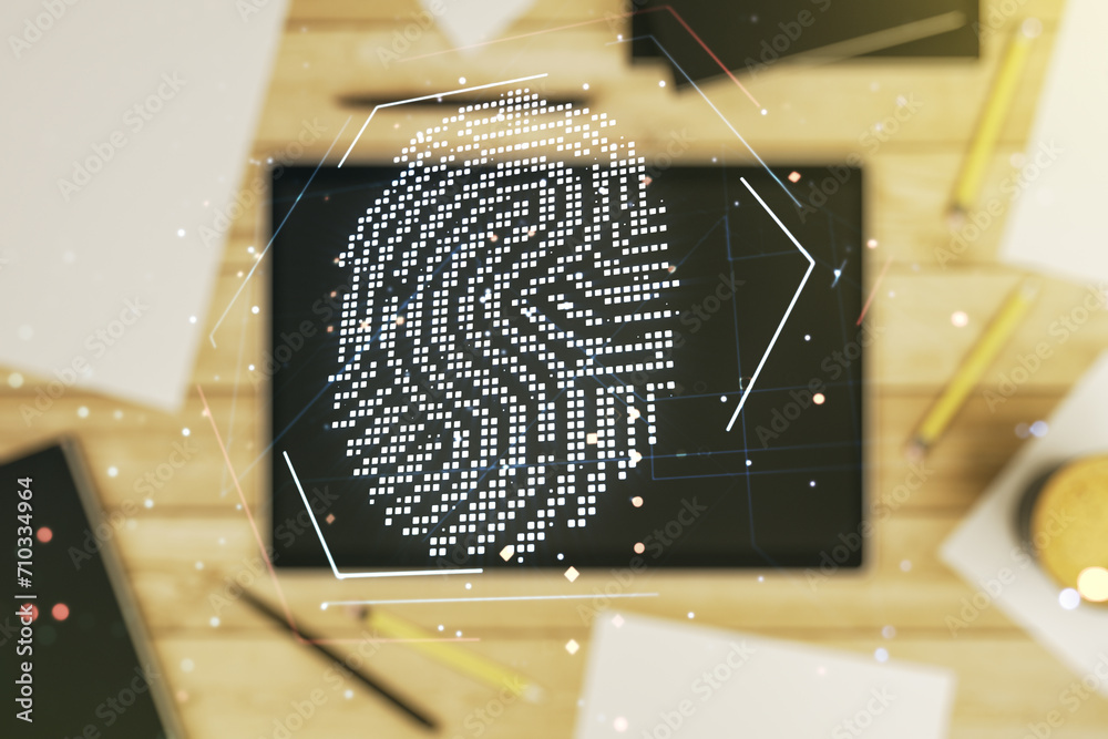 Poster abstract creative fingerprint illustration and modern digital tablet on desktop on background, top v