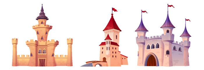 Set of medieval castles isolated on white background. Vector cartoon illustration of royal palaces, flags on roofs, windows and wooden gates. stone walls, fantasy kingdom fortress, ancient stronghold