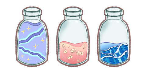 Tasty drinks with cute doodle. Different colors Purple with stars pink and flowers blue waves.