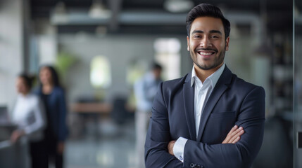 Fototapeta premium Portrait of a handsome smiling asian indian businessman boss standing in his modern business company office.