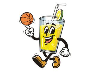 Glass of lemonade Lemon drink playing basketball cartoon mascot illustration character vector clip art hand drawn