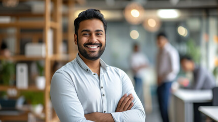 Fototapeta premium Portrait of a handsome smiling asian indian businessman boss standing in his modern business company office.
