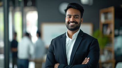 Portrait of a handsome smiling asian indian businessman boss standing in his modern business company office. - 710335131