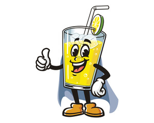 Glass of lemonade Lemon drink with caped superhero style cartoon mascot illustration character vector clip art hand drawn