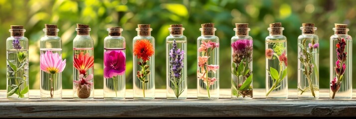 Vivid Flowers Captured in Bottles.
A lineup of transparent bottles showcasing an array of colourful flowers.